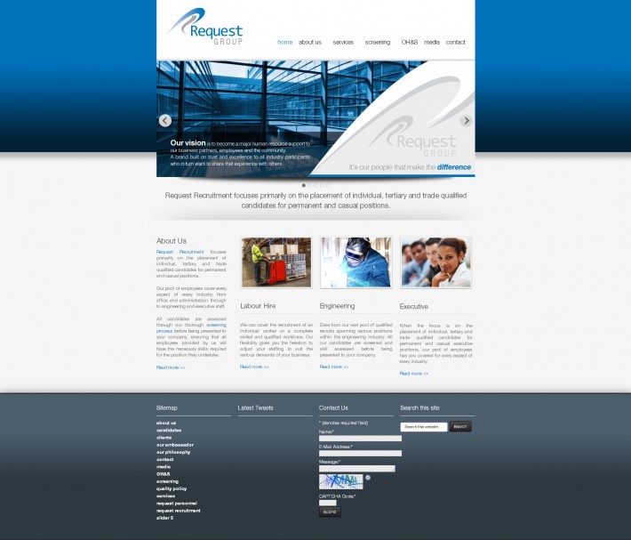 Request Group approached us in the midst of their transition from their current brand of Request Personnel to Request Group. This website needed to portray the professional nature of this company as it's major competitor's were large and well established companies with the recruitment and job placement industry.
The result was and informative and modern looking site.